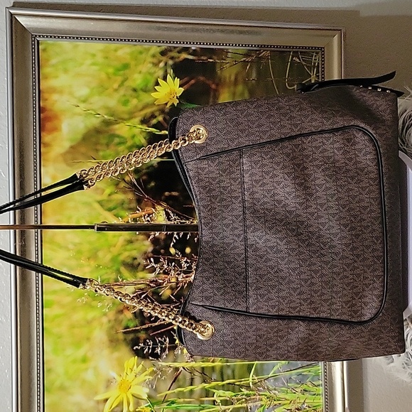 Michael Kors Piper Large Shoulder Bag Brown Signature Logo Canvas w/ Gold Chain - Picture 3 of 14